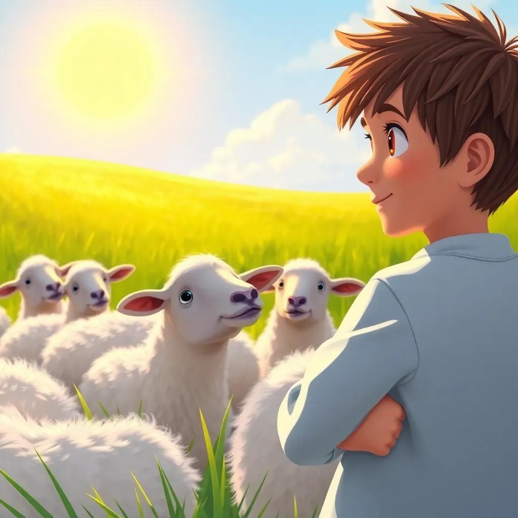 The boy now watching his sheep with careful eyes, sun shining brightly, calm and peaceful atmosphere, detailed background of the meadow, realistic art, happy