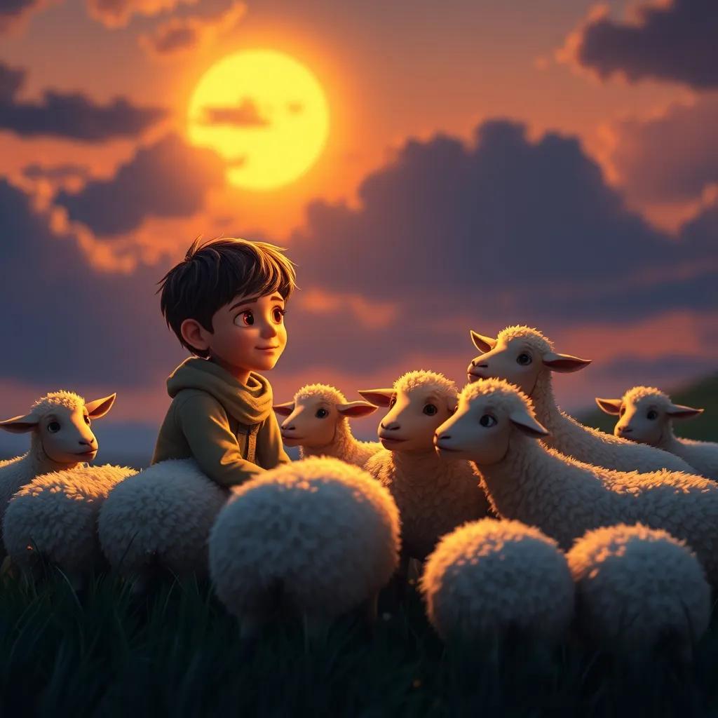 The boy sitting with his sheep under the evening sky, telling them he will always protect them, looking caring and protective, warm golden light, emotional and serene