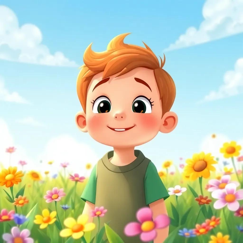 The boy now learning lessons about honesty, with bright color and hope in his expression, a peaceful meadow with vibrant flowers and clear skies surrounding him, inspirational tone, child-friendly illustration