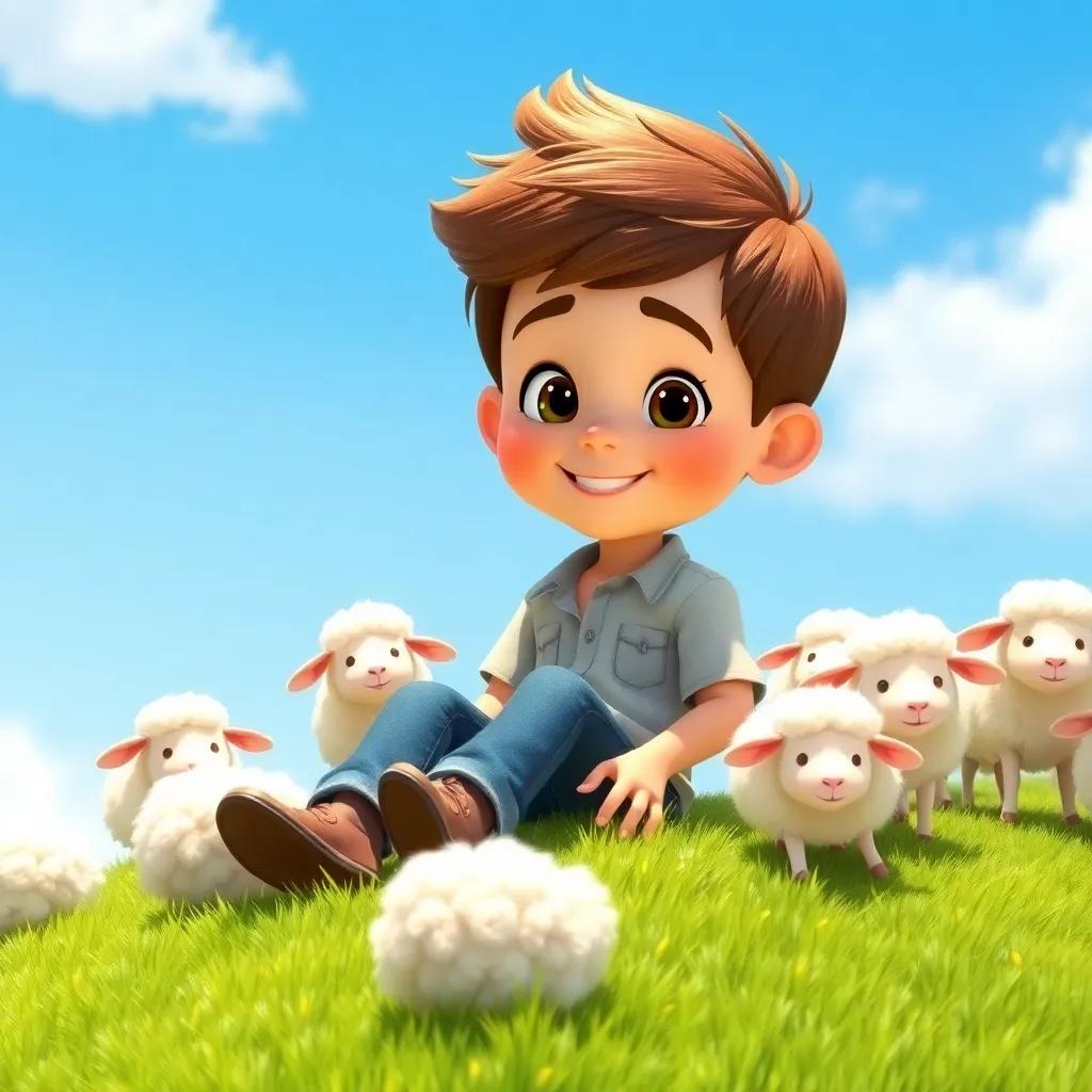 A young boy named Timmy, with short brown hair, wearing a simple shirt and jeans, sitting on a grassy hill with fluffy sheep around him, bright sunny day, cheerful and playful atmosphere, digital art, vibrant colors, high quality