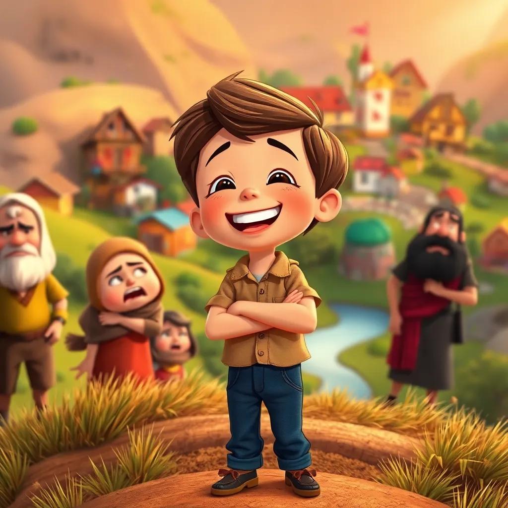 Timmy, the young boy with short brown hair in a simple shirt and jeans, laughing on the hill while the villagers look angry and disappointed, colorful village in the background, warm light, illustration, expressive faces, narrative scene