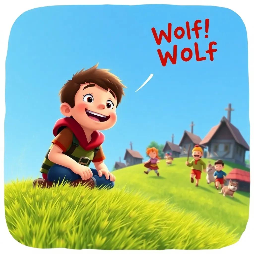 Timmy sitting down on the grassy hill, a few days later, shouting 'Wolf! Wolf!' with a big smile while the villagers are running towards him, bright blue sky, whimsical, adventure-themed, engaging