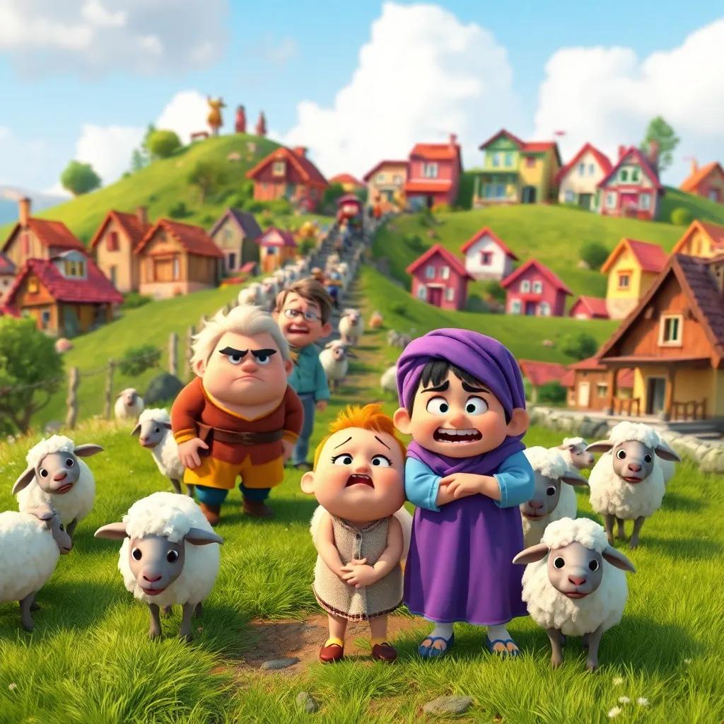 Villagers reaching the top of the hill, angry faces as Timmy giggles, sheep around them, colorful village houses in the background, storytelling view, animated style, humorous