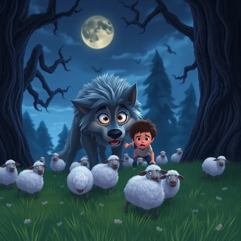 A real wolf sneaking towards the sheep while Timmy looks terrified, wide eyes, sheep scattered on the grass, dark and gnarly trees, tension in the sky, dramatic art style, high quality