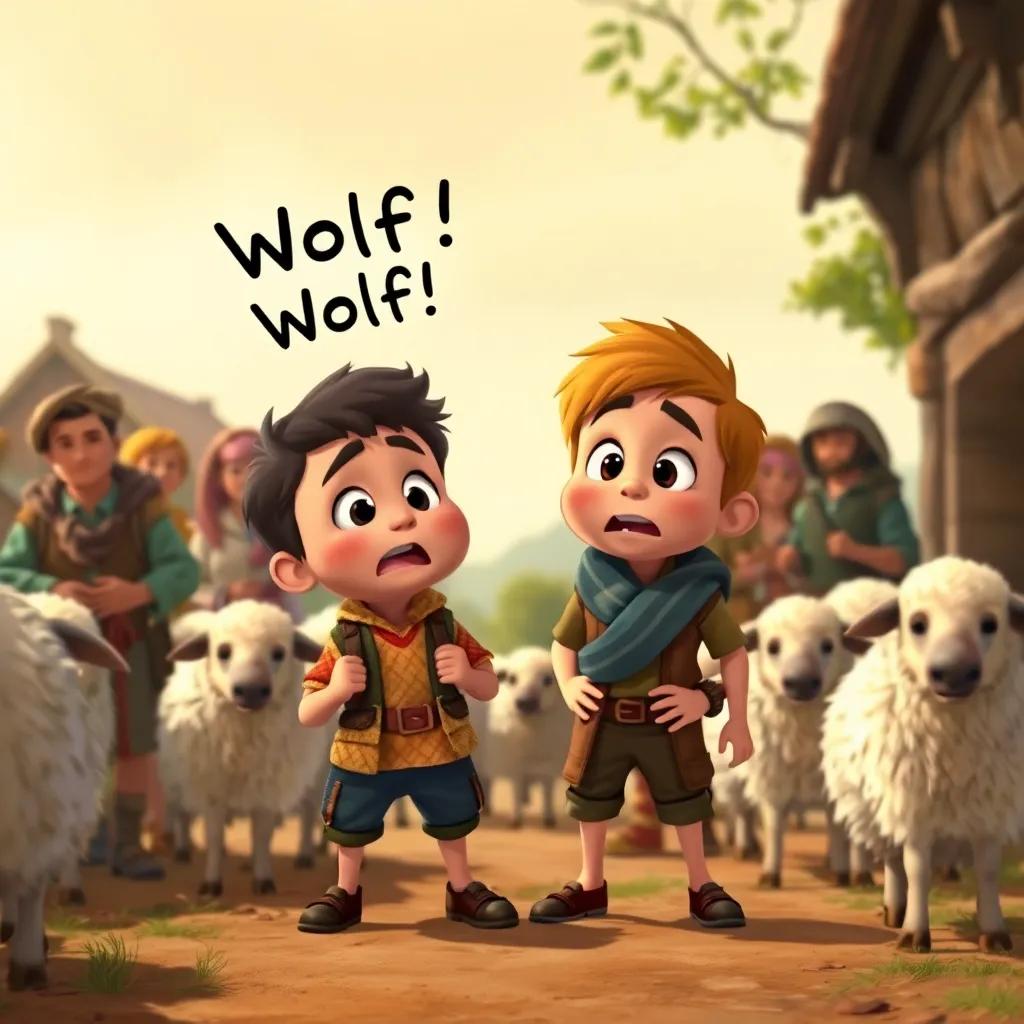 Timmy shouting 'Wolf! Wolf!' desperate and scared, villagers busy and ignoring him, with sheep in the background, warm and realistic colors, emotional scene, medium detail, poignant