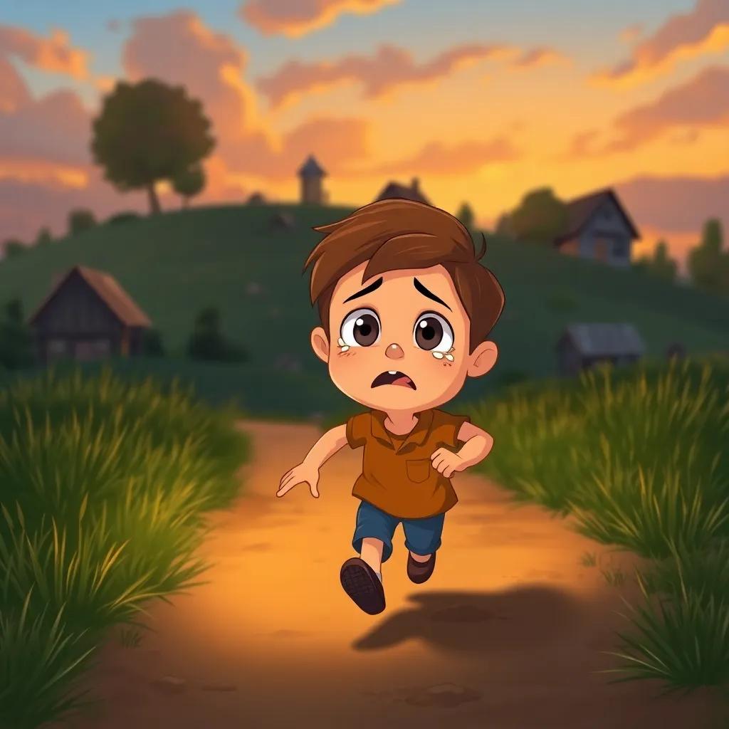 A sad and scared Timmy running down the hill, begging villagers for help with tears in his eyes, warm sunset light, expressive faces, child-friendly illustration, heartfelt