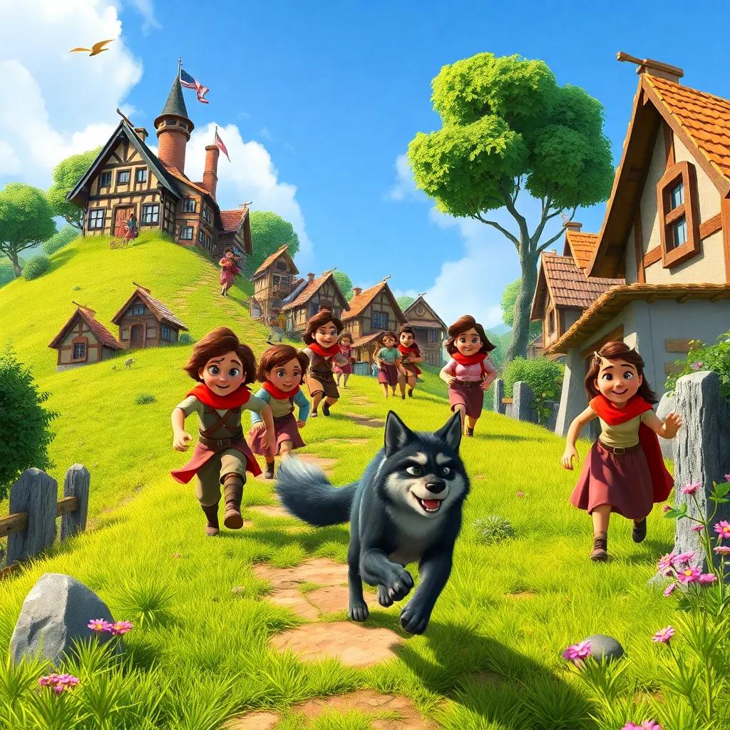 Villagers rushing up the hill with determination to help Timmy, a wolf running away, bright and uplifting colors, action scene, high energy, colorful