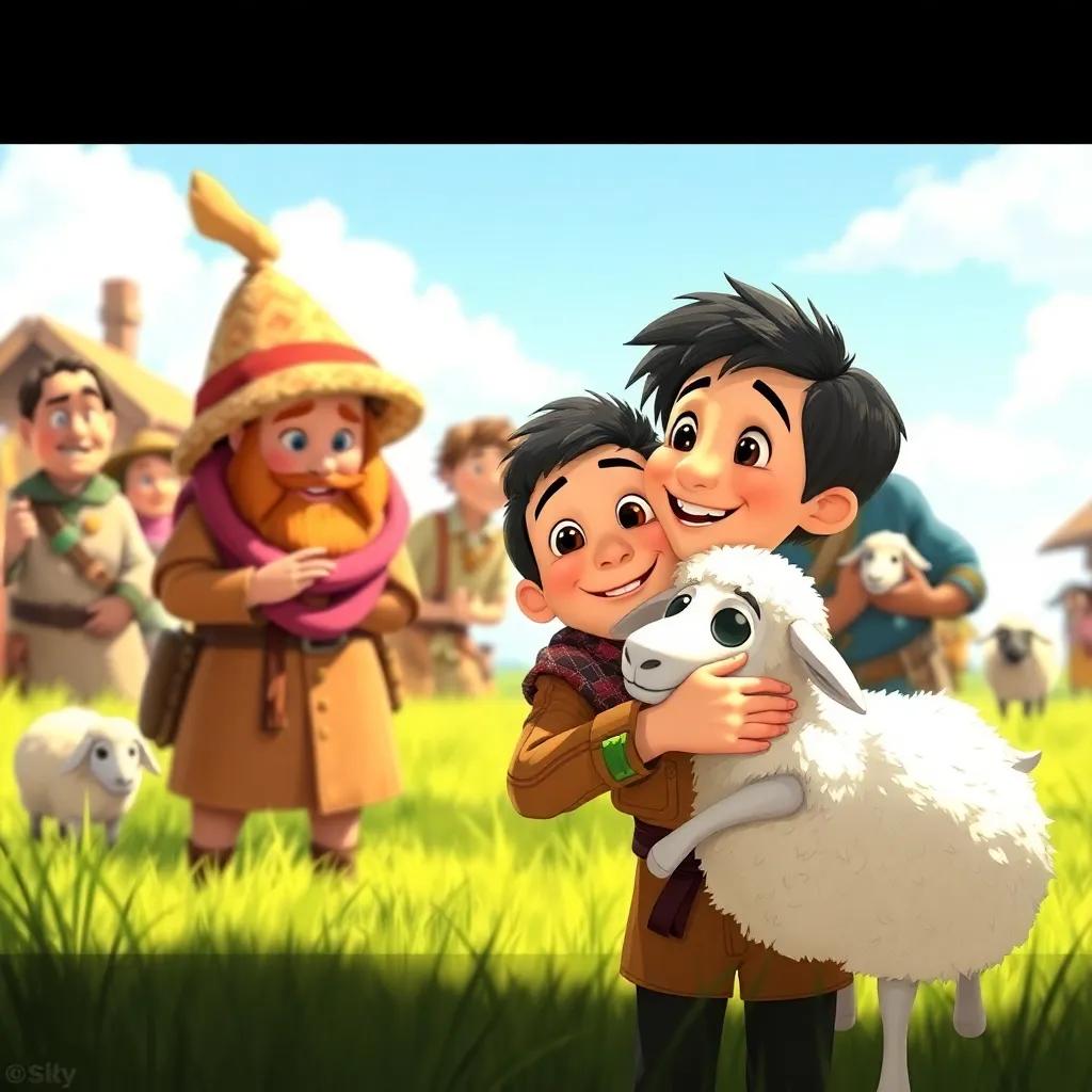 Timmy, looking grateful with villagers smiling after driving away the wolf, him hugging one of the sheep, bright sunny day, happy reunion, heartwarming, cheerful vibe