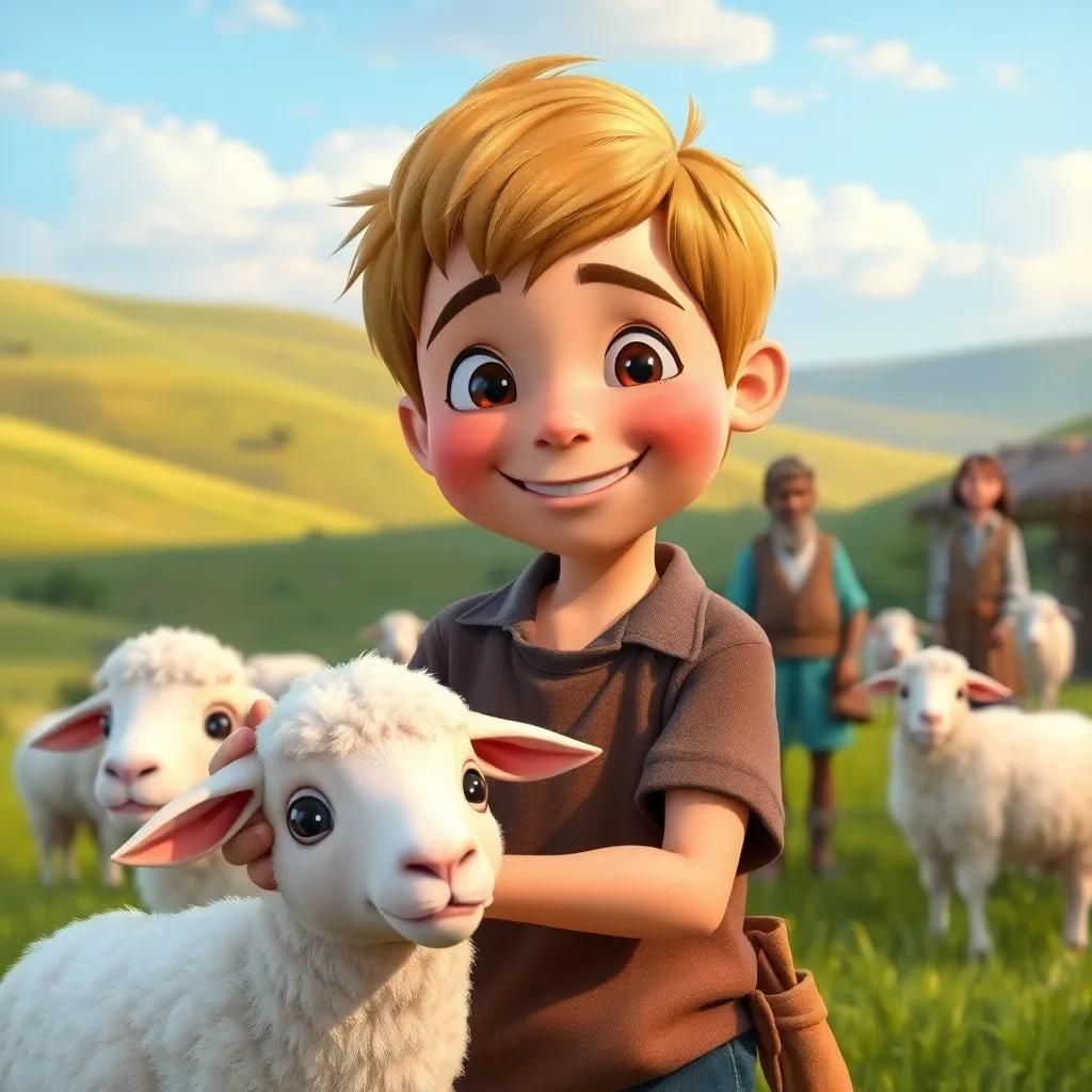 Timmy, now caring for his sheep, with a happy expression, wearing a different shirt, with villagers nearby, landscape of rolling hills and blue sky, peace and harmony in the air, lovely and colorful