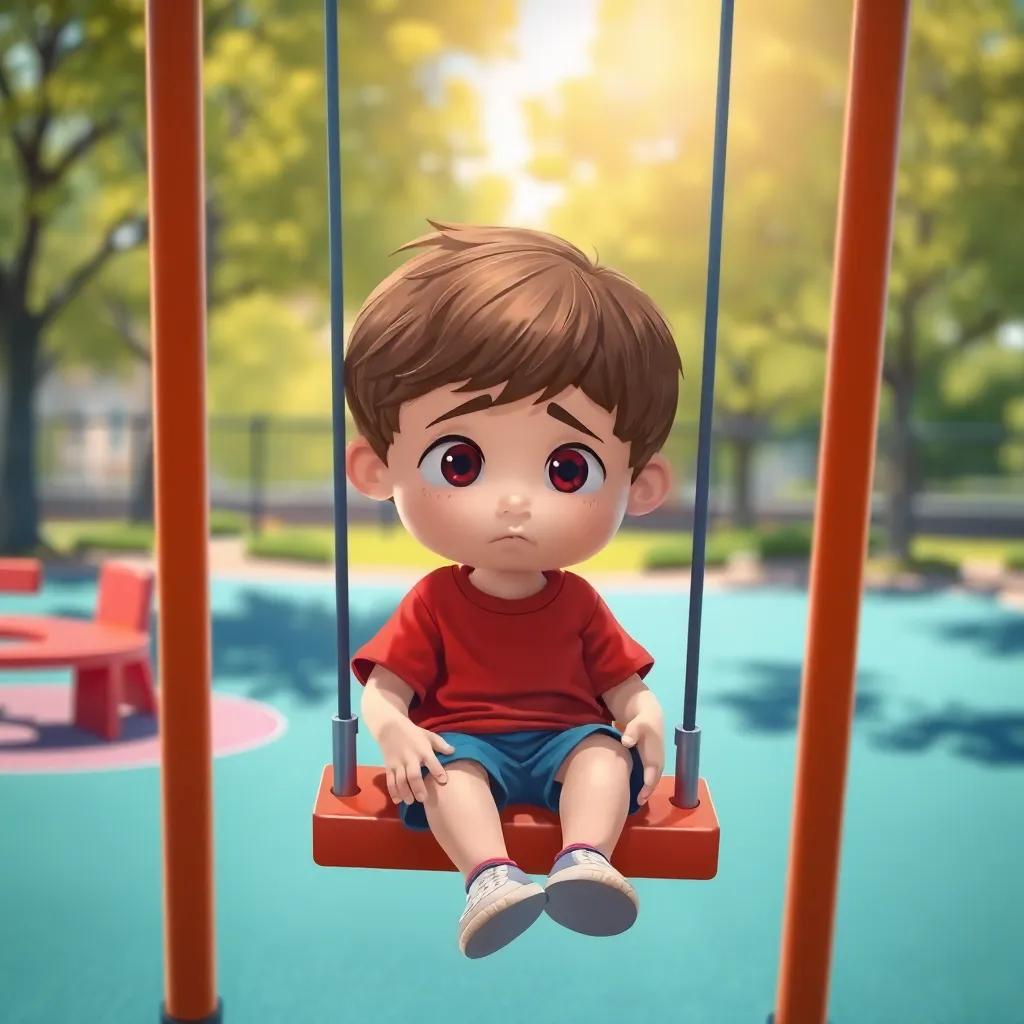 A young boy, Timmy, with short brown hair, wearing a red t-shirt and blue shorts, sitting alone on a swing in a bright playground, looking sad, digital art, vibrant colors, sunny atmosphere, child-friendly