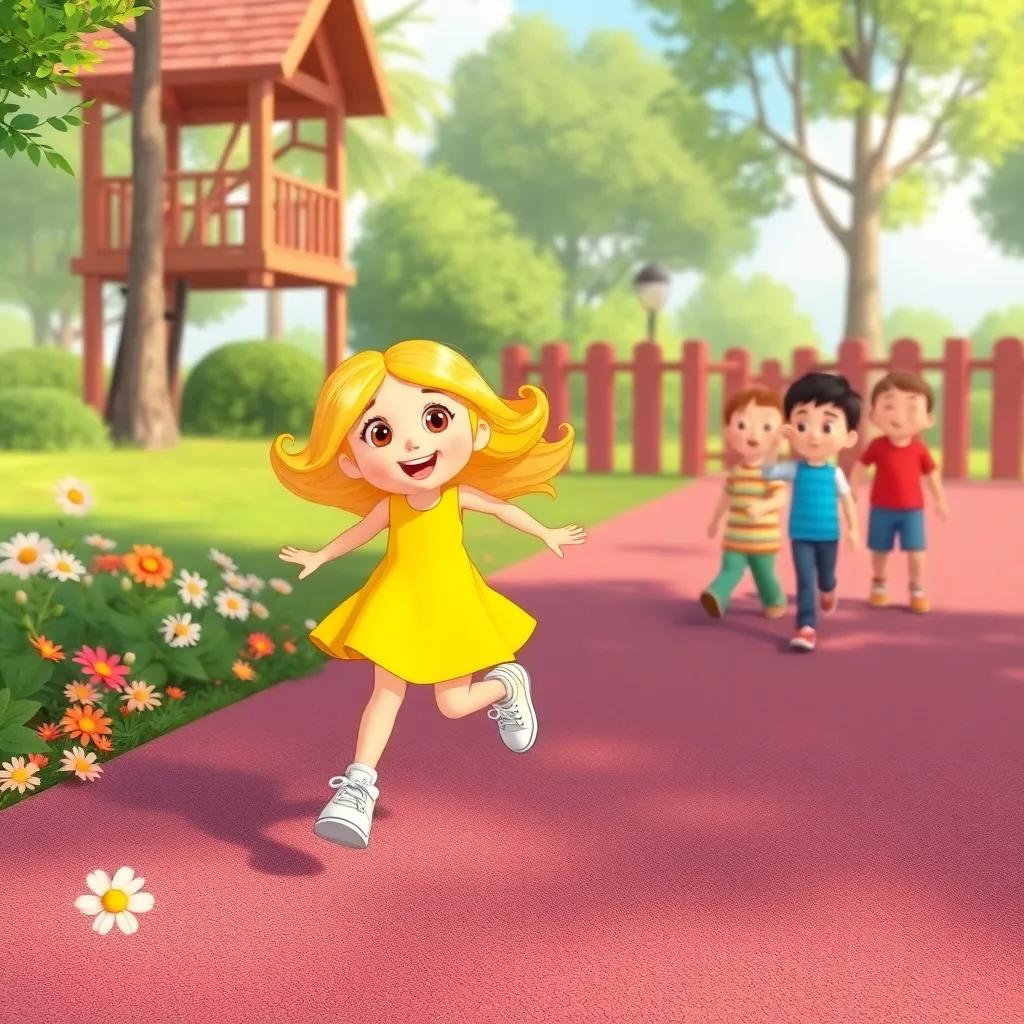 A cheerful girl, Lucy, with long blonde hair, wearing a yellow dress and white sneakers, skipping towards Timmy on the playground, with flowers around her, illustration, colorful, joyful scene, child-friendly