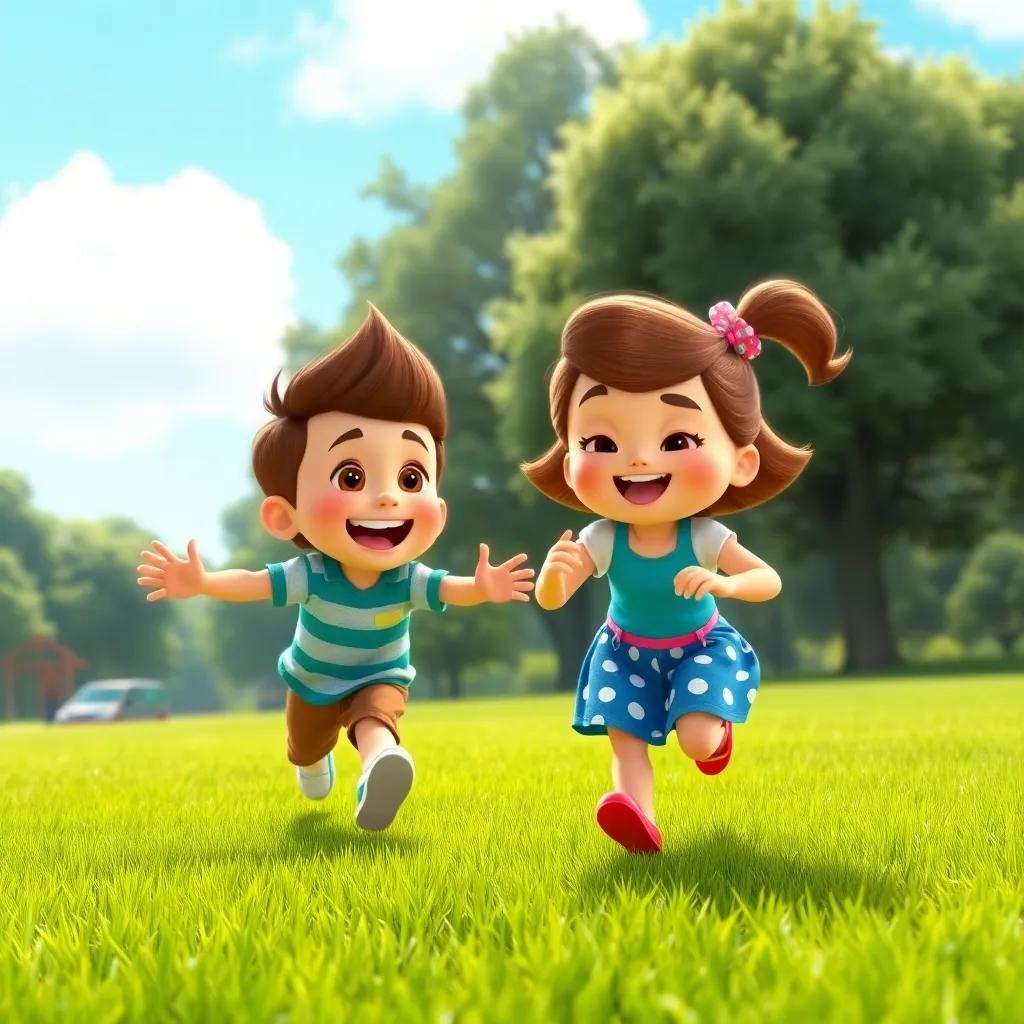 Timmy and Lucy playing tag in the park, with Timmy laughing and chasing Lucy, green grass and trees in the background, bright blue sky, animated style, child-friendly, playful scene