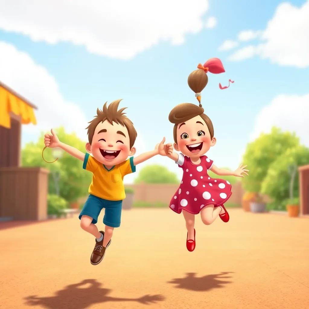 Timmy and Lucy jumping rope, Timmy smiling wide while jumping with joy, Lucy laughing and twirling the rope, bright sunny day with cheerful colors, lively atmosphere, child-friendly