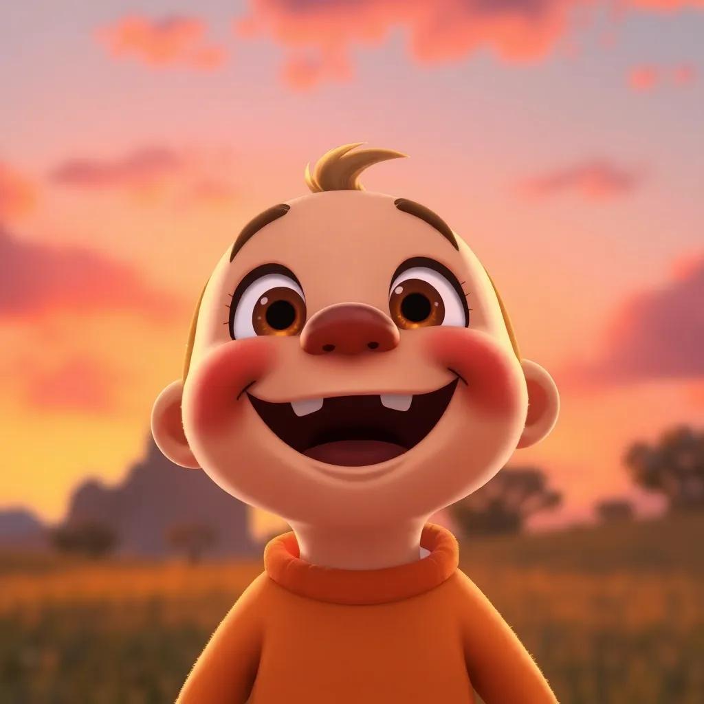 Timmy smiling wide with bright happy eyes under the sunset, colors of orange and pink in the sky, feeling proud and joyful, warmth and happiness radiating, digital art, heartwarming scene, child-friendly