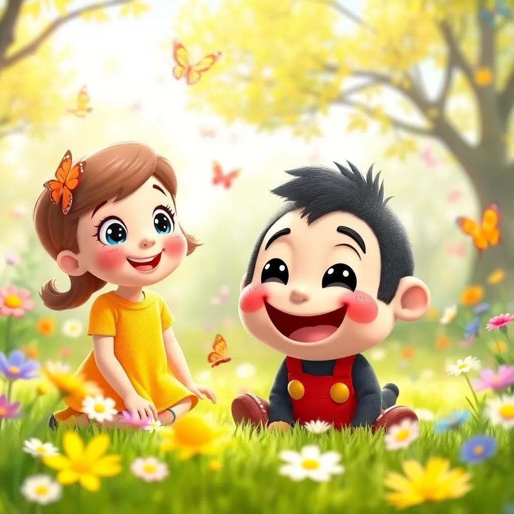 Timmy, with a huge smile, playing with Lucy, both in a sunny park filled with flowers and butterflies, showing a sense of friendship and joy, colorful and cheerful, child-friendly