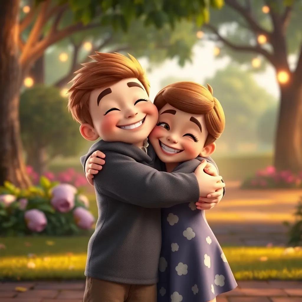 Timmy and Lucy hugging each other tightly, both smiling with happiness, surrounded by a beautiful park and soft glowing light, strong atmosphere of friendship, digital art, warm and uplifting scene, child-friendly