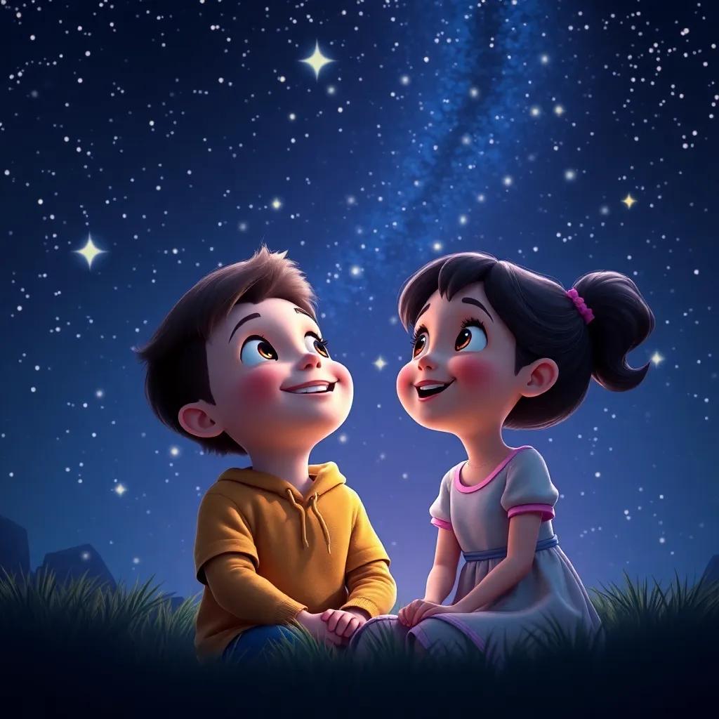 Timmy looking up at the stars with Lucy at night, their faces glowing with happiness, the night sky full of twinkling stars, mystical and enchanting, imaginative art, child-friendly