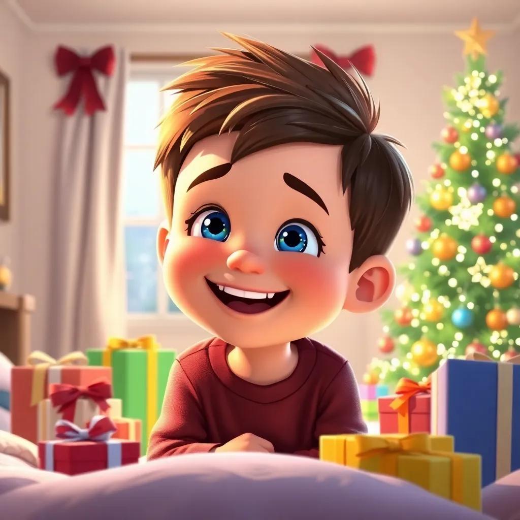Ben, a joyful boy with short brown hair and blue eyes, waking up on Christmas morning, surrounded by colorful gifts and a twinkly Christmas tree, bright room, soft light, magical atmosphere, high quality