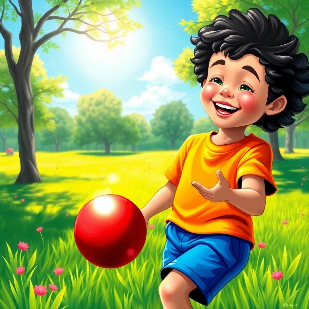 A cheerful boy named Omar, with dark curly hair, wearing a bright t-shirt and shorts, playing with a shiny red ball in a sunny park filled with green grass and a blue sky, joyful atmosphere, vibrant colors, digital art, playful scene, high quality