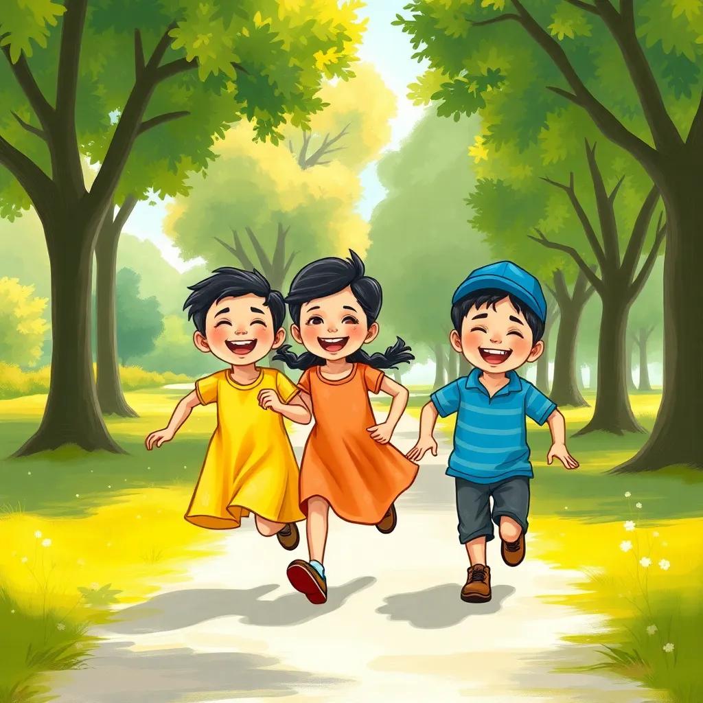 Omar with his friends, Sara in a yellow dress and Amir wearing a blue cap, running and laughing together in the park, surrounded by trees and sunshine, cheerful mood, colorful illustration, child-friendly