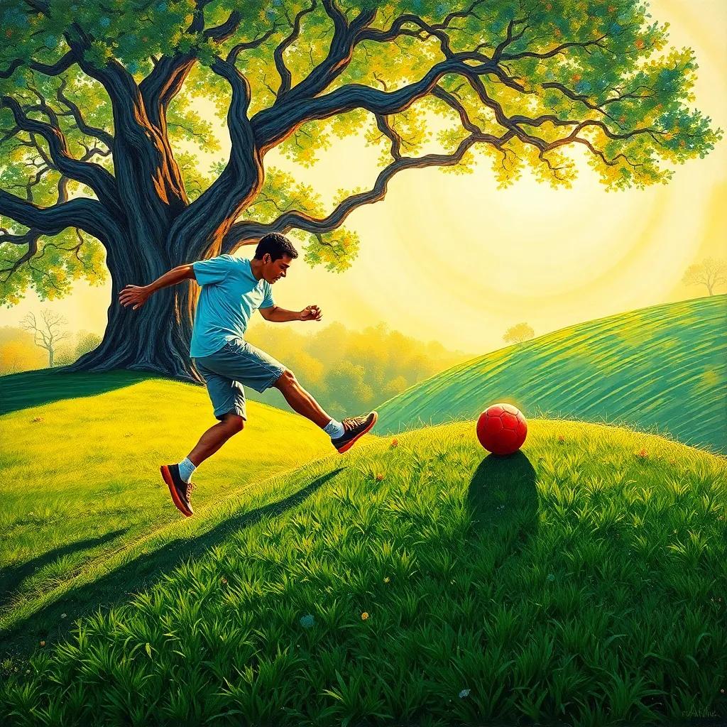 Omar kicking the red ball down a small hill, green grass and a big tree in the background, warm sunlight shining, energetic feeling, detailed art, inviting perspective, high quality