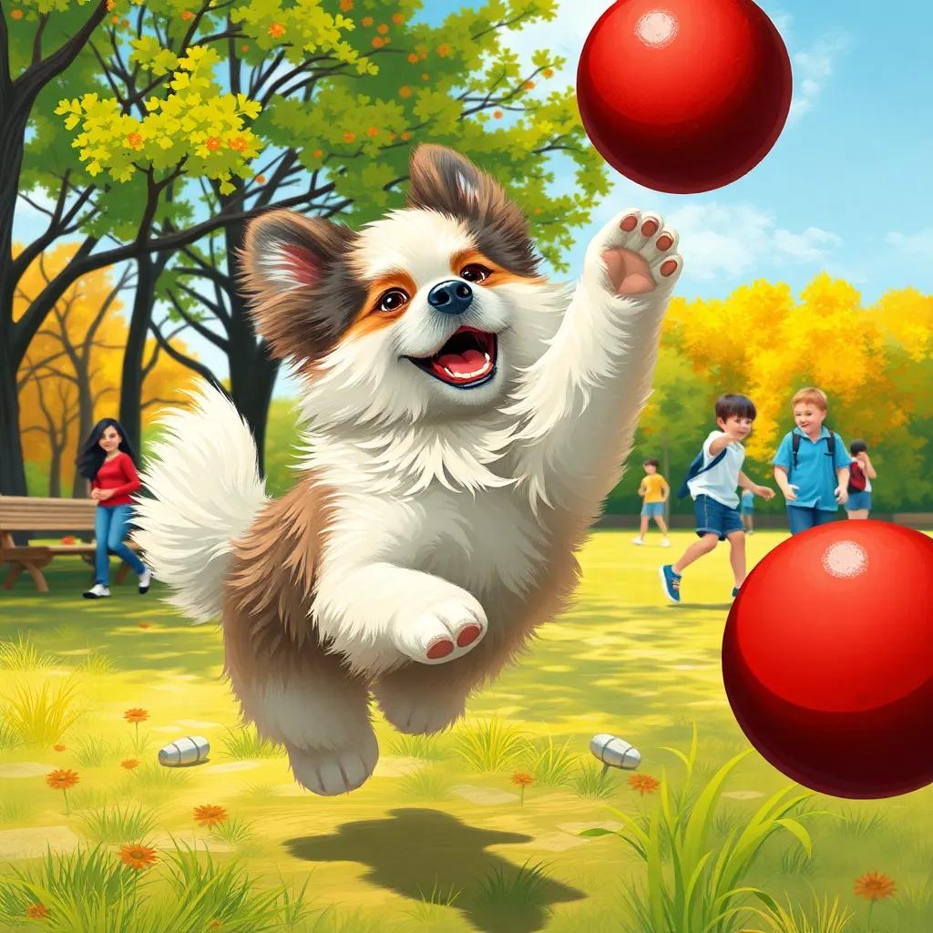 Max, a fluffy dog, jumping to catch the red ball with kids playing in the background, bright park setting, joyful scene, colorful and fun, digital illustration, very detailed