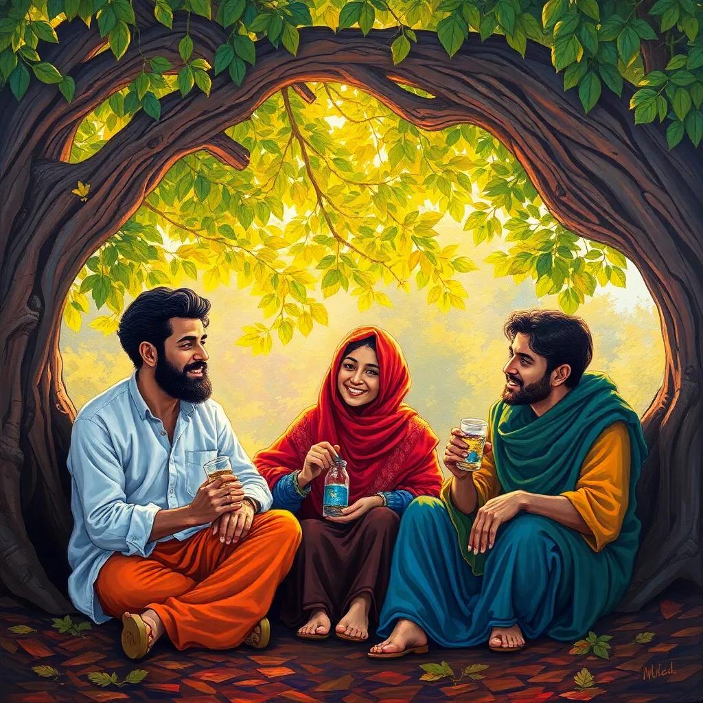 Omar, Sara, and Amir sitting under a big tree, sharing snacks and drinking water, warm sunlight filtering through leaves, cozy and friendly atmosphere, colorful, inviting art, high resolution