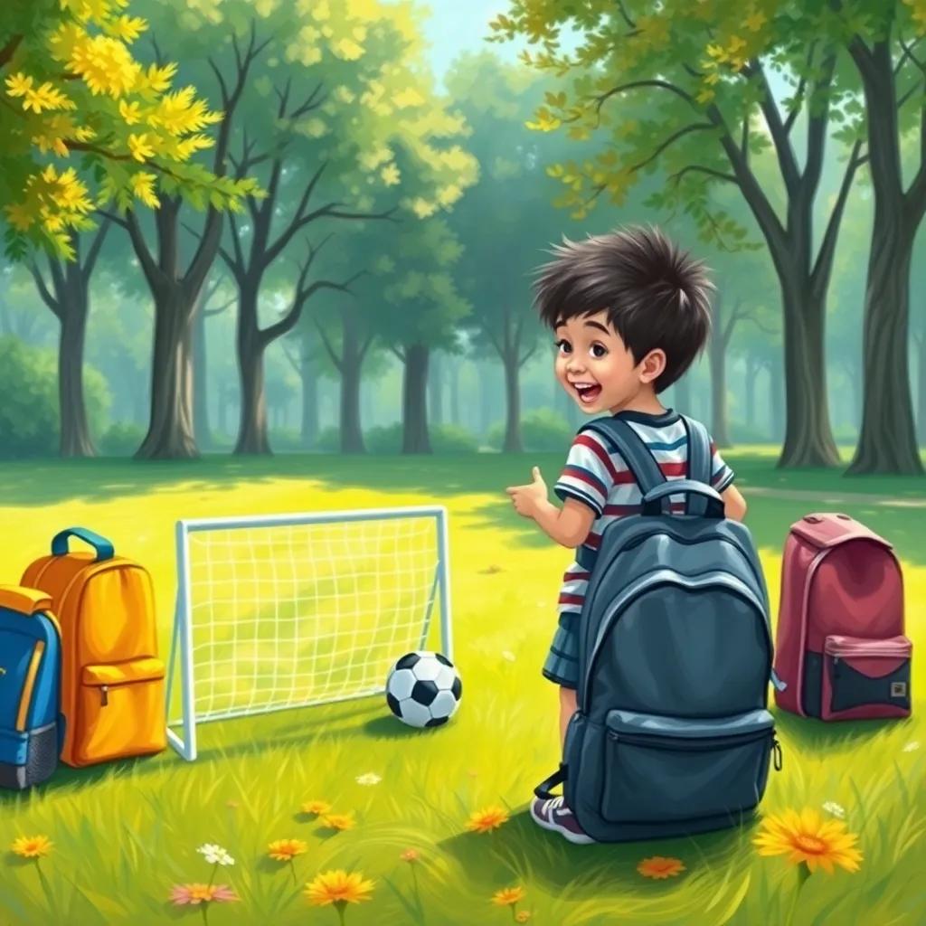 Omar excitedly suggesting a mini soccer game to his friends, backpacks set as imaginary goals in the park, bright colors, playful mood, digital art, high quality, children's scene
