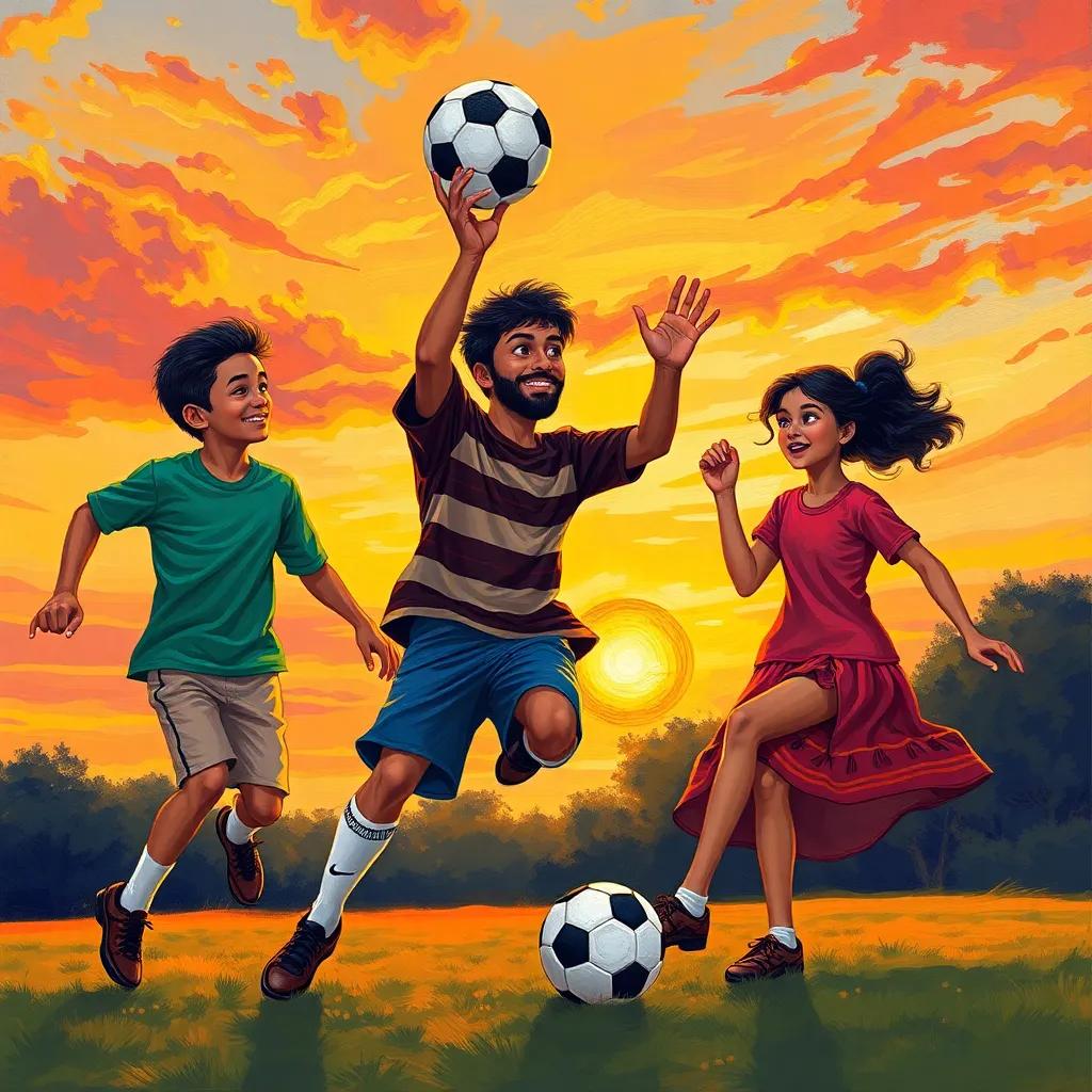 Omar, Amir, and Sara playing soccer, the ball flying in the air, sunset sky behind them with orange and pink hues, lively and energetic feeling, colorful illustration, high detail