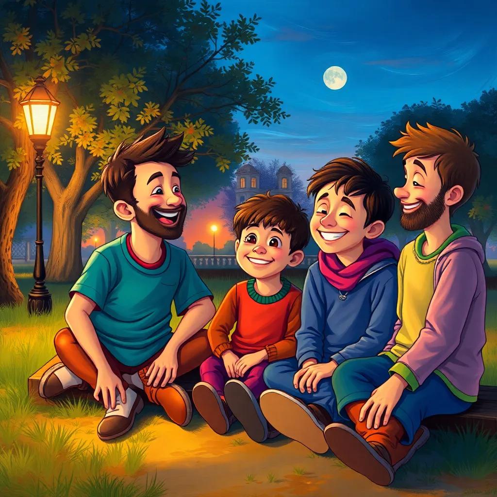 Omar and his friends sitting together, smiling and talking about their fun day, twilight in the park, warm and magical atmosphere, vibrant colors, detailed children's illustration, high quality
