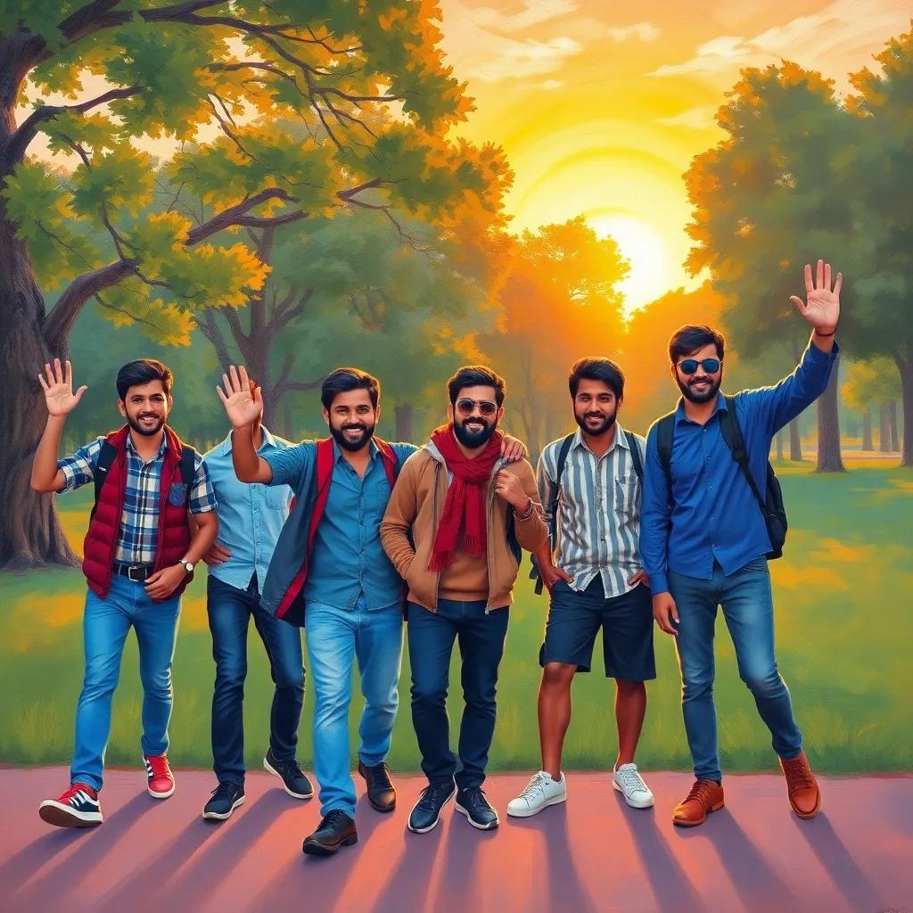 Omar and his friends waving goodbye, park scene with trees in the background, sunset casting a golden glow, warm and inviting feeling, colorful art, high resolution