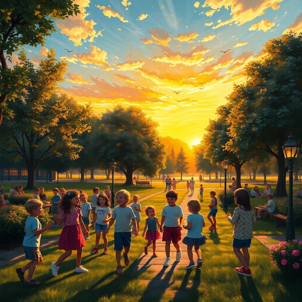 A picturesque park filled with laughter and friendship, kids playing, glowing sunset sky, inviting atmosphere, lively digital art, high detail