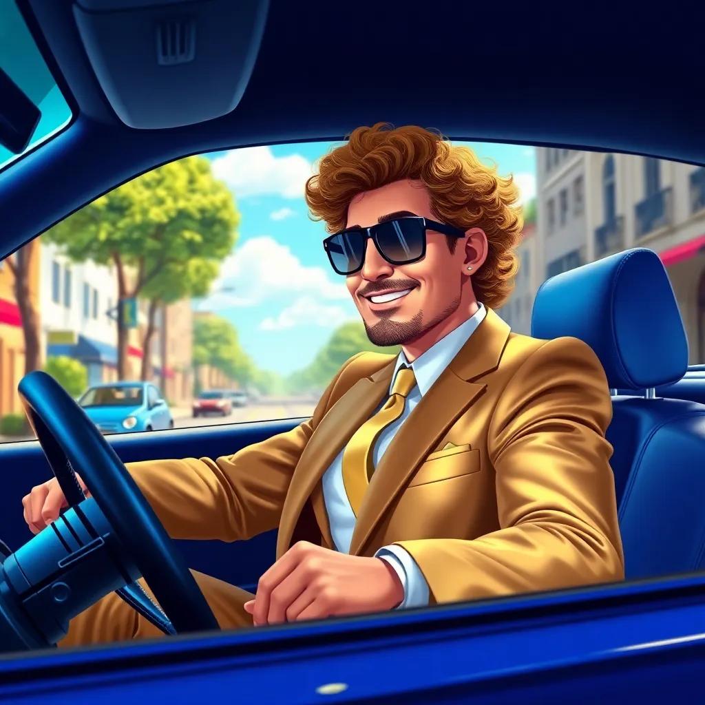 A rich man named Mr. Gold, with curly hair, wearing a shiny suit and sunglasses, driving in a blue car on a sunny street in Tanke, cheerful atmosphere, detailed digital art, bright colors, high quality