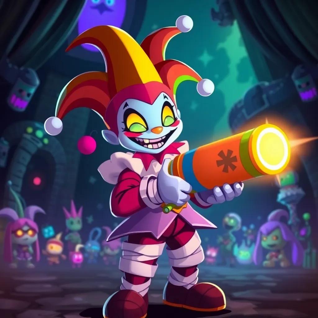 A colorful jester with bandages named Pomni, holding a glowing Master Blaster, standing in a dark place filled with fading characters, digital art, dark and mysterious atmosphere, vibrant colors, magical ambiance, close-up shot