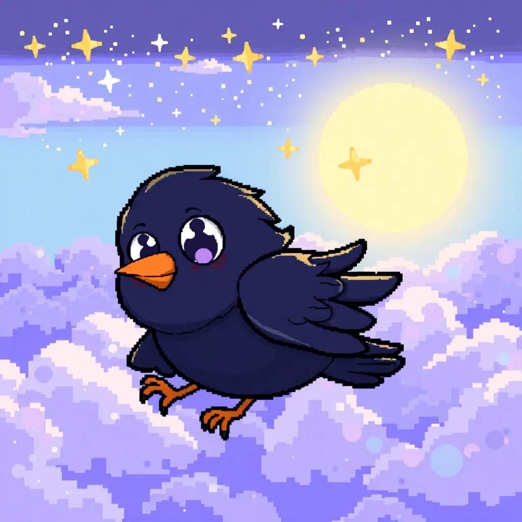 A raven named Stary with dreamy eyes and shimmering stars, flying over a vast sky on a magical bed, a cheerful expression, illustration, bright and whimsical, uplifting colors, wide view, cheerful energy