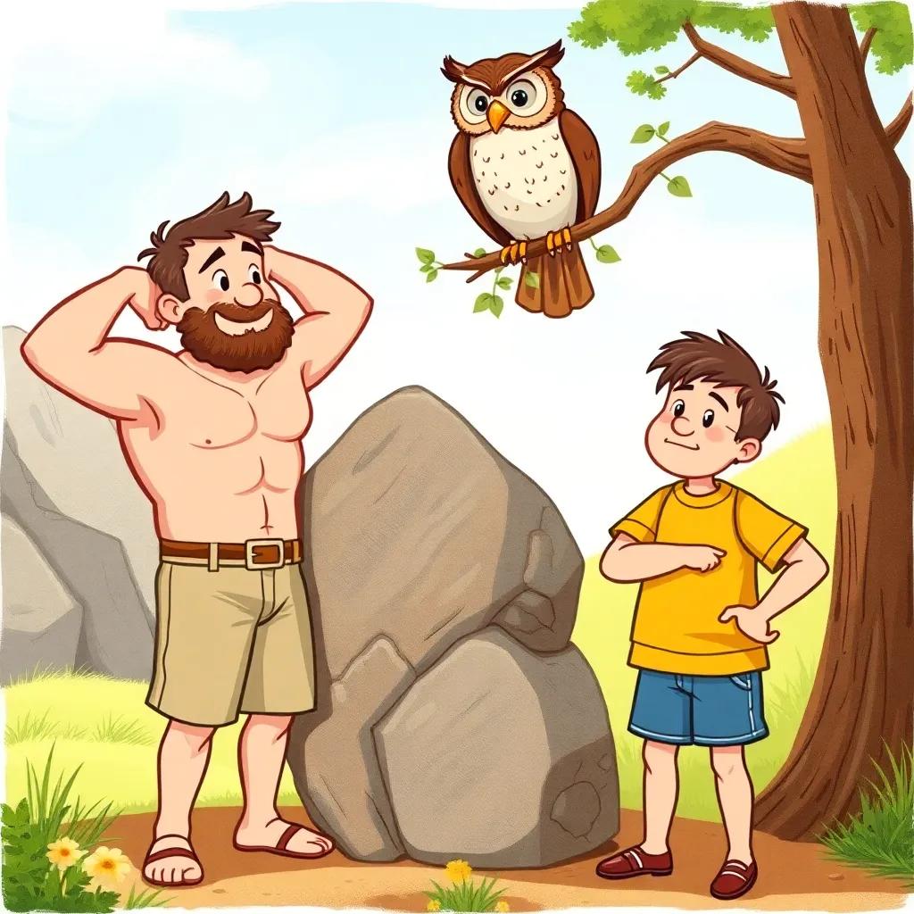A strong man, Tom, lifting a big rock with effort while a clever man, Jack, stands nearby with a thoughtful expression, a wise owl perched on a branch above them watching, illustration, sunny day, warm colors, engaging perspective, child-friendly