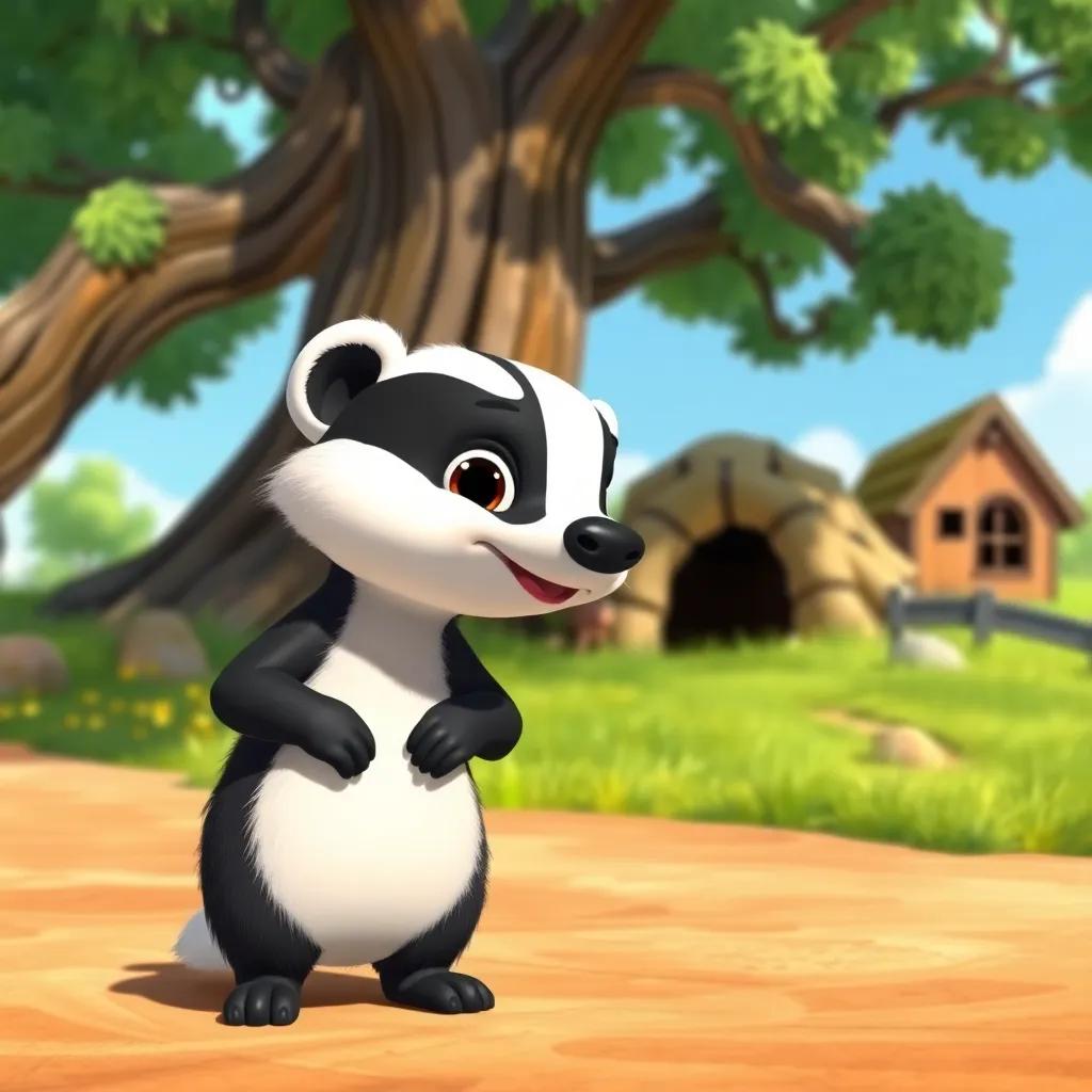 A brave little badger, Benny, with a shiny black and white coat, standing proudly in front of a cozy burrow under a big oak tree, bright sunny day, cheerful atmosphere, colorful, children-friendly, high quality