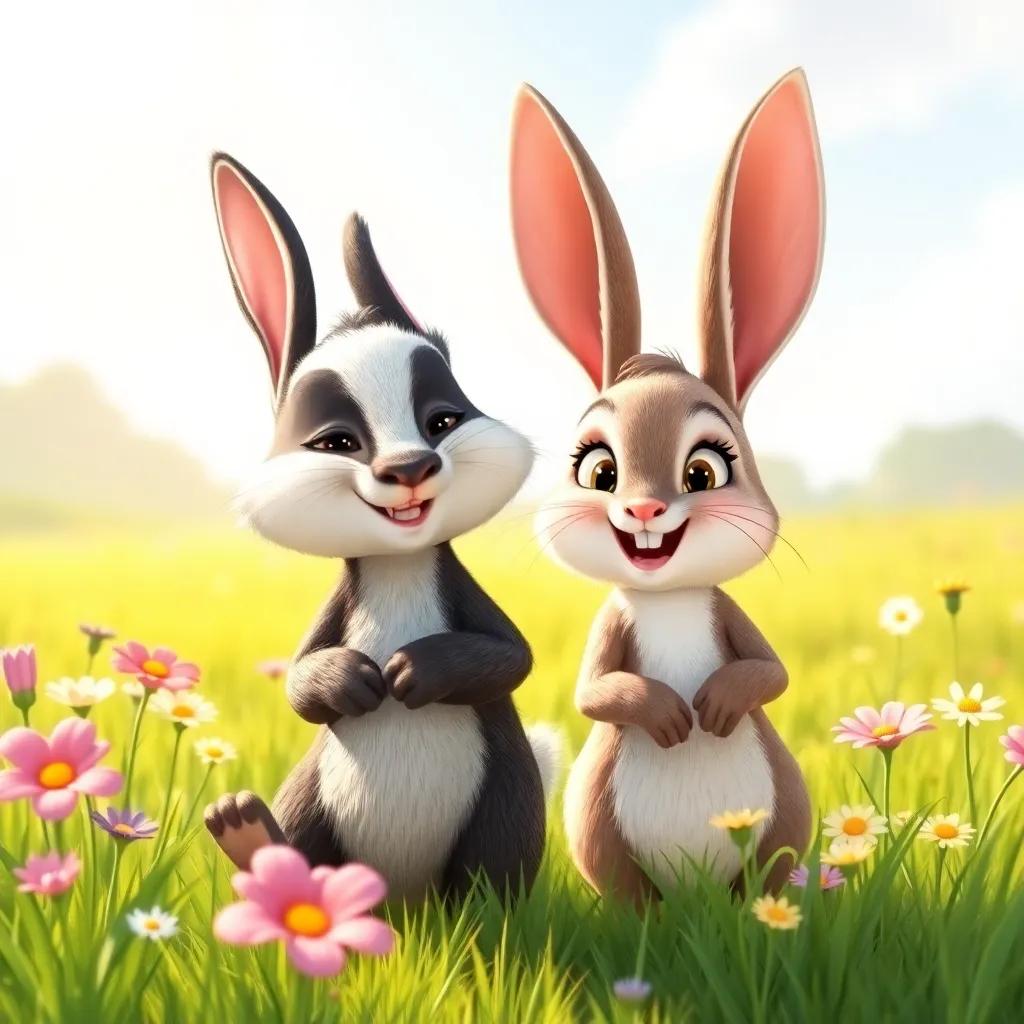 Benny the Badger and Ruby the Rabbit, a clever fluffy rabbit with big ears, playing in a sunny meadow, surrounded by flowers and grass, feeling happy and adventurous, joyful colors, cartoon style, high quality