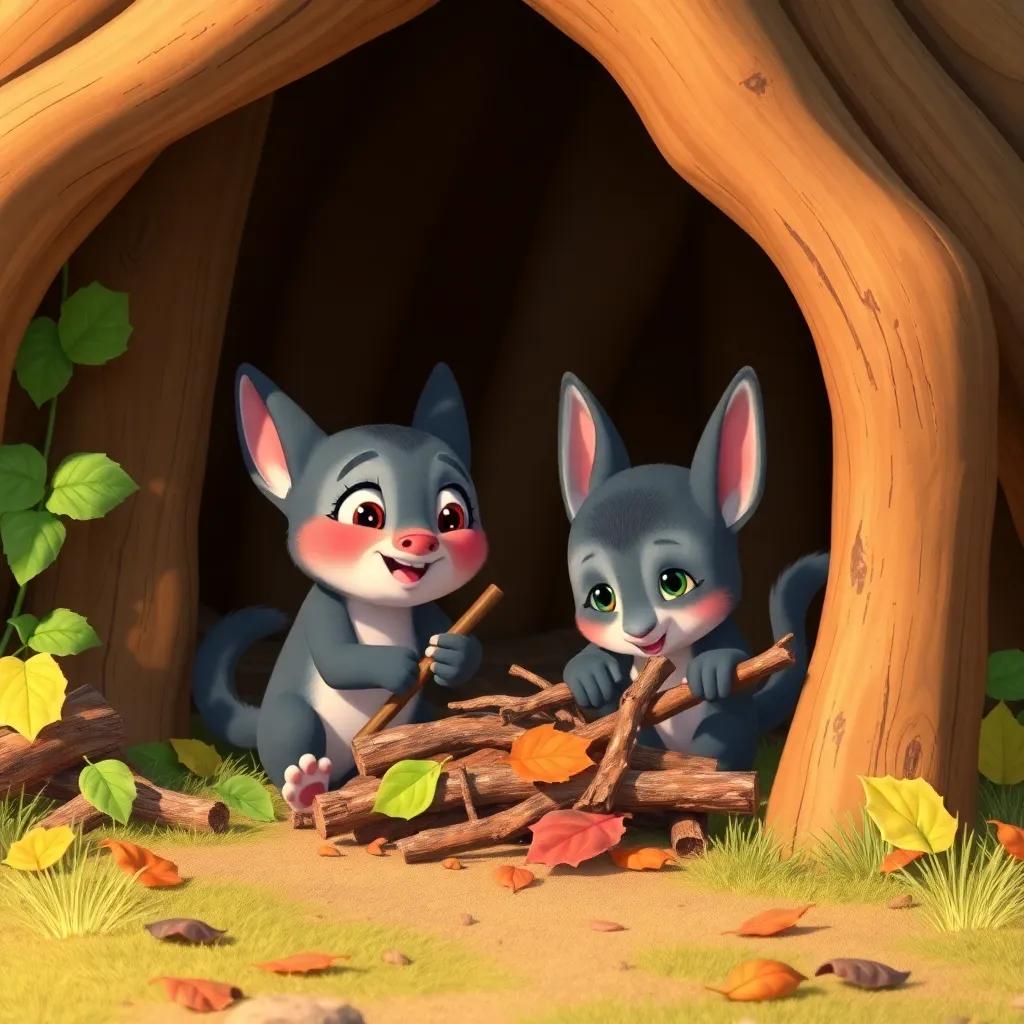 Benny and Ruby working together, gathering sticks and leaves for shelter, strong teamwork, animals helping each other, cozy atmosphere, bright and colorful, child-friendly, high quality
