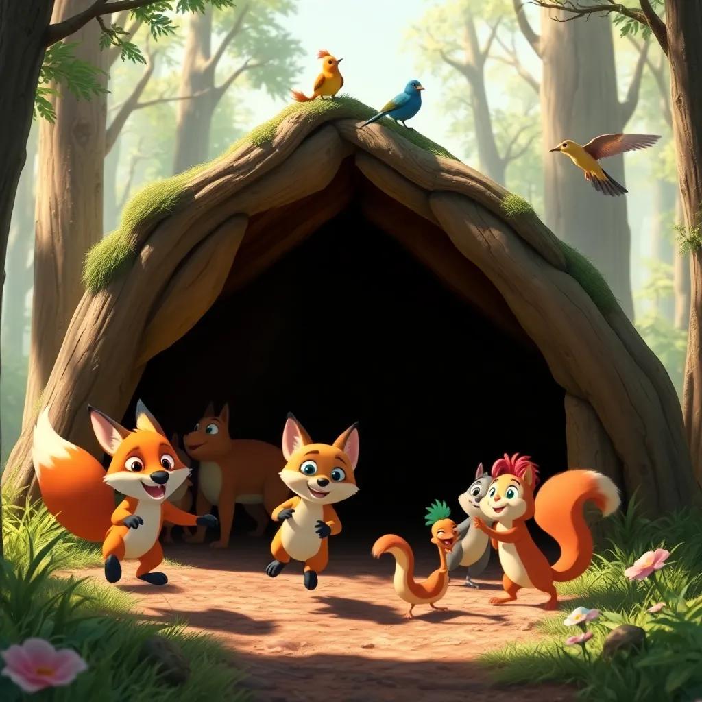A group of forest animals, including a fox, a squirrel, and birds, hurrying to a strong shelter built by Benny and Ruby, full of trust and friendship, warm colors, heartwarming scene, high quality