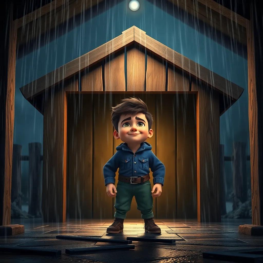 Benny standing bravely at the entrance of the shelter, rain pouring down and wind blowing fiercely, determination on his face, shelter safe and bright inside, dramatic atmosphere, high quality