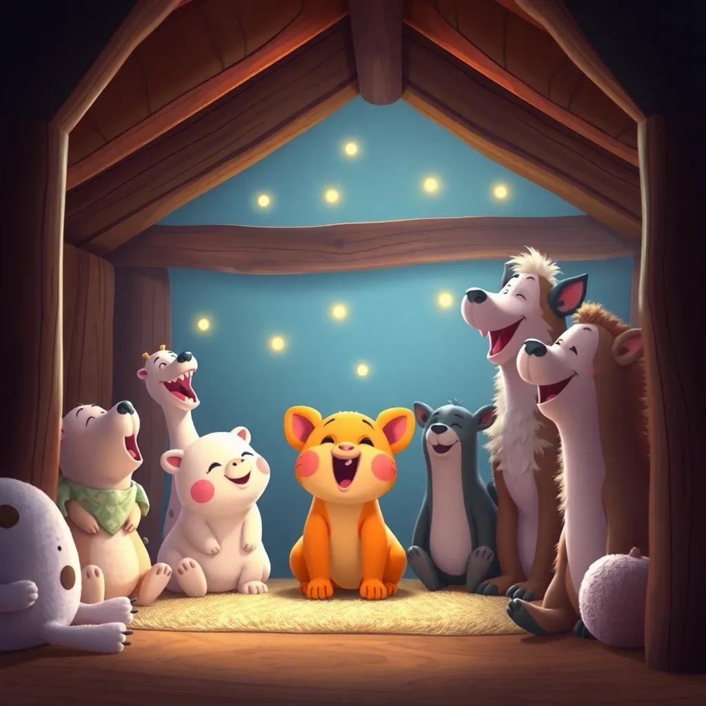 Animals inside the shelter, singing and laughing, cozy and warm, lights glowing softly, feeling safe, bright and cheerful colors, heartwarming scene, high quality