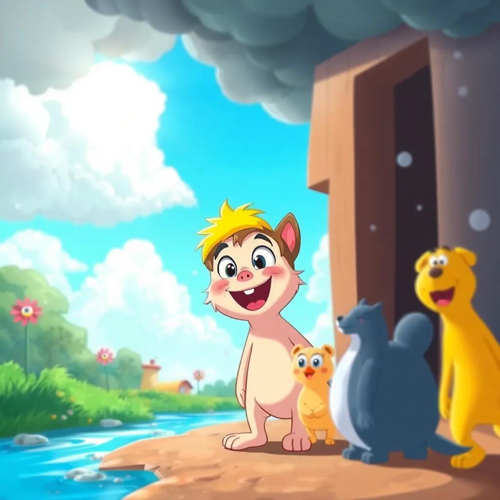 Benny peeking outside after the storm, bright blue sky appearing, animals cheering, sense of joy and relief, vibrant colors, uplifting atmosphere, cartoonish style, high quality