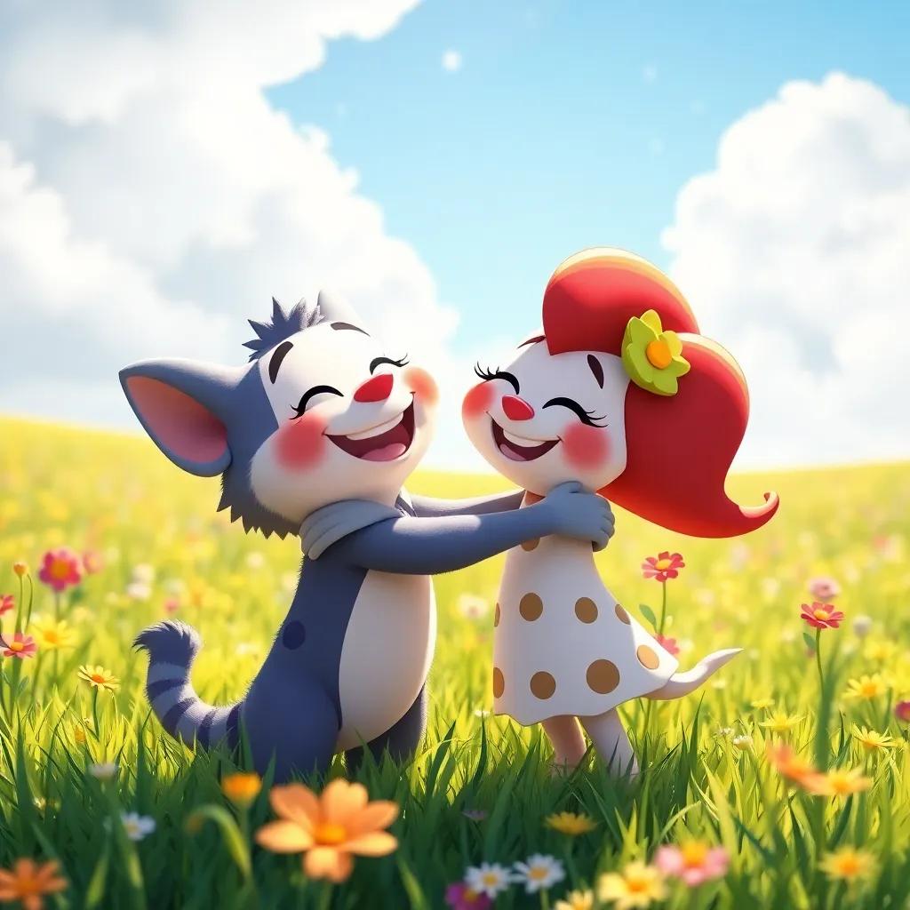 Benny and Ruby hugging, full of happiness and pride, friends together in a beautiful meadow after the storm, sunny and bright, joyful colors, heartwarming scene, high quality