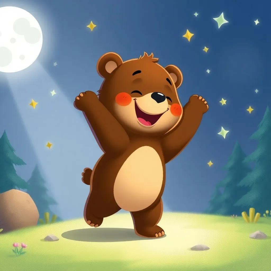 Roni, a little bear with soft brown fur, smiling and laughing joyfully as he dances with his shadow under the moonlight, surrounded by sparkling stars and gentle forest scenery, colorful illustration, cheerful atmosphere, child-friendly, high quality