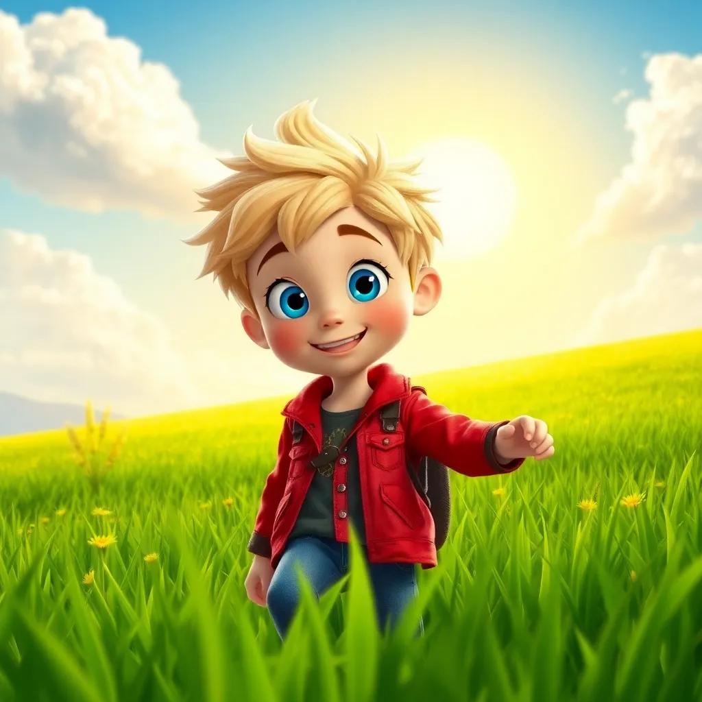 A brave boy named Leo, with bright blue eyes and messy blonde hair, wearing a red jacket and jeans, exploring a beautiful green field under the sunny sky, cheerful, digital art, vibrant colors, warm and inviting atmosphere, high quality