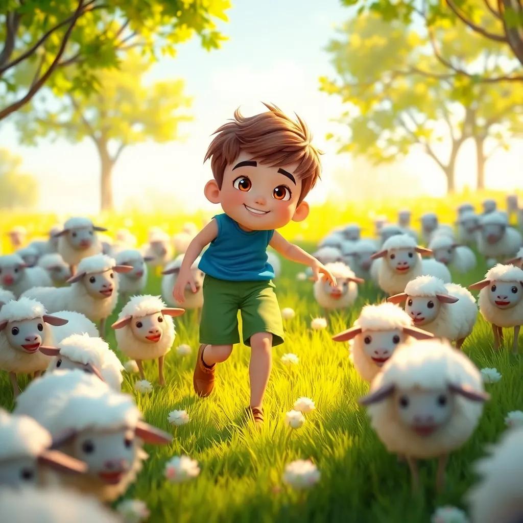 A brave boy, Sam, with short brown hair, wearing a blue shirt and green shorts, playing in a sunny meadow full of fluffy sheep, surrounded by trees, cheerful atmosphere, bright colors, digital art, playful