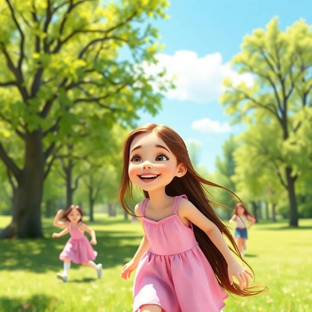 A young girl, Lily, with long brown hair in a pink dress, playing joyfully in a sunny park, laughing and running with her friends, vivid green trees and blue sky, digital art, cheerful atmosphere, lively colors, high quality