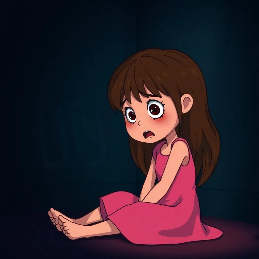 A scared girl, Lily, with long brown hair in a pink dress, trapped in a dark room, sitting on the floor in distress, dim lighting, shadows around her, illustration, intense feeling, child-friendly, high quality