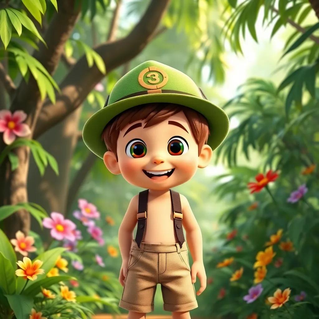 A young boy, Max, with short brown hair, wearing a green explorer hat and khaki shorts, standing excitedly in a lush green jungle with trees and colorful flowers, digital art, vibrant colors, cheerful atmosphere, high quality